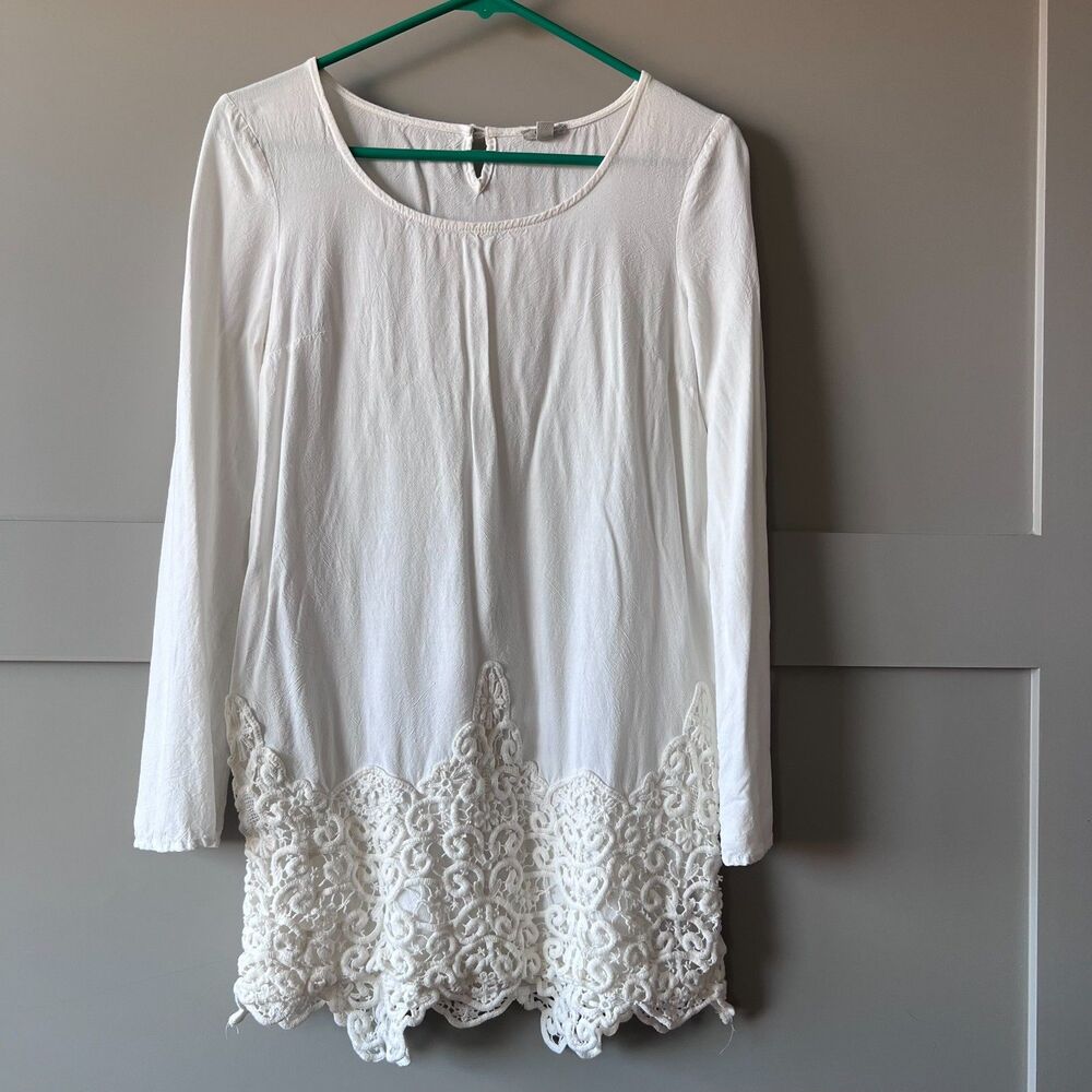 Ecote Mini Tunic‎ Dress/Top Long Sleeve Scoop Neck Ivory Lace Trim Relaxed Small